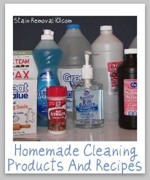 Over 40 homemade cleaning products recipes and instructions, for all around your house, with many types of ingredients, so you can make your own homemade cleaning solutions. {on Stain Removal 101}