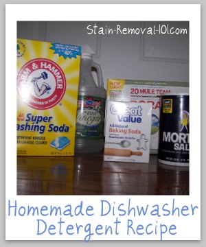 2 homemade dishwasher detergent recipes which contain natural ingredients, including a heavier duty recipe, and one for harder water {on Stain Removal 101}