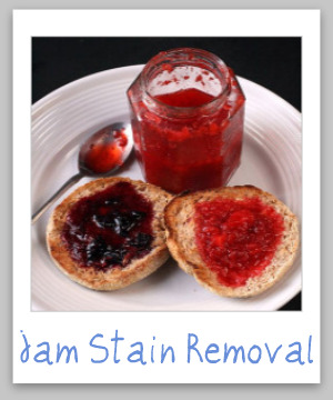 Step by step instructions for jam stain removal from clothes, upholstery and carpet. Includes instructions for all the major flavors of jam.