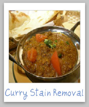 Step by step instructions for removing curry stains from clothing, upholstery and carpet {on Stain Removal 101}