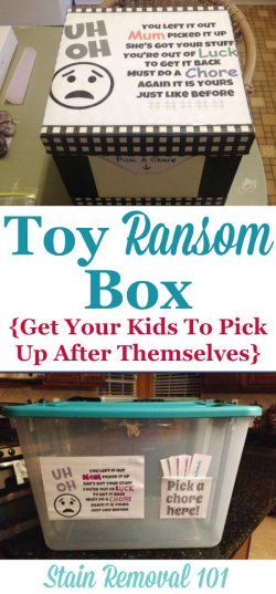 Toy ransom box, a.k.a toy jail. to help motivate kids to pick up after themselves of face a consequence {on Stain Removal 101}