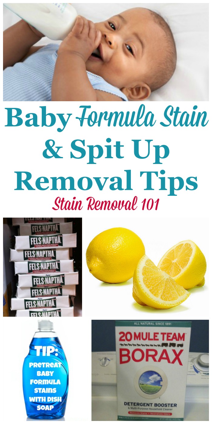 Tips for the right stain removers and homemade remedies for baby formula stain and spit up removal from clothes {on Stain Removal 101} #FormulaStains #SpitUpStains #BabyStains