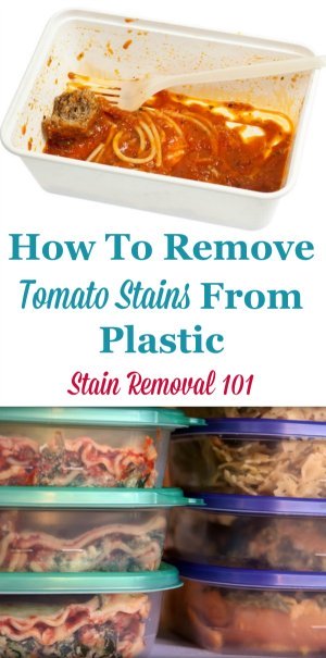 3 tips for how to remove tomato stains from plastic containers, such as leftover containers, plus an additional tip to help you prevent those stains from forming in the first place {on Stain Removal 101}