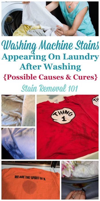 If you put clothes or laundry in your washer and it comes out stained, you're experiencing washing machine stains. There are lots of different types of these stains and spots, with lots of possible causes and cures to fix the problem {on Stain Removal 101} #StainRemoval #Laundry #LaundryStains