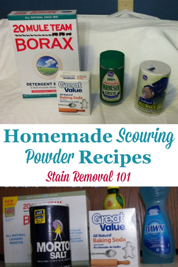 Several homemade scouring powder recipes for a good scrubbing and cleaning, from items you most likely already have at home {on Stain Removal 101} #HomemadeScouringPowder #ScouringPowder #HomemadeCleaners