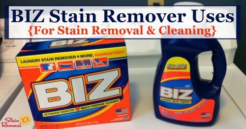 Biz stain remover reviews and uses for laundry, stain removal and cleaning, including discussion of what stains it works best on and comparisons of the powder versus the liquid versions {on Stain Removal 101}