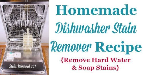 Simple and frugal homemade dishwasher stain remover recipe, used for removing hard water and soap stains {on Stain Removal 101}