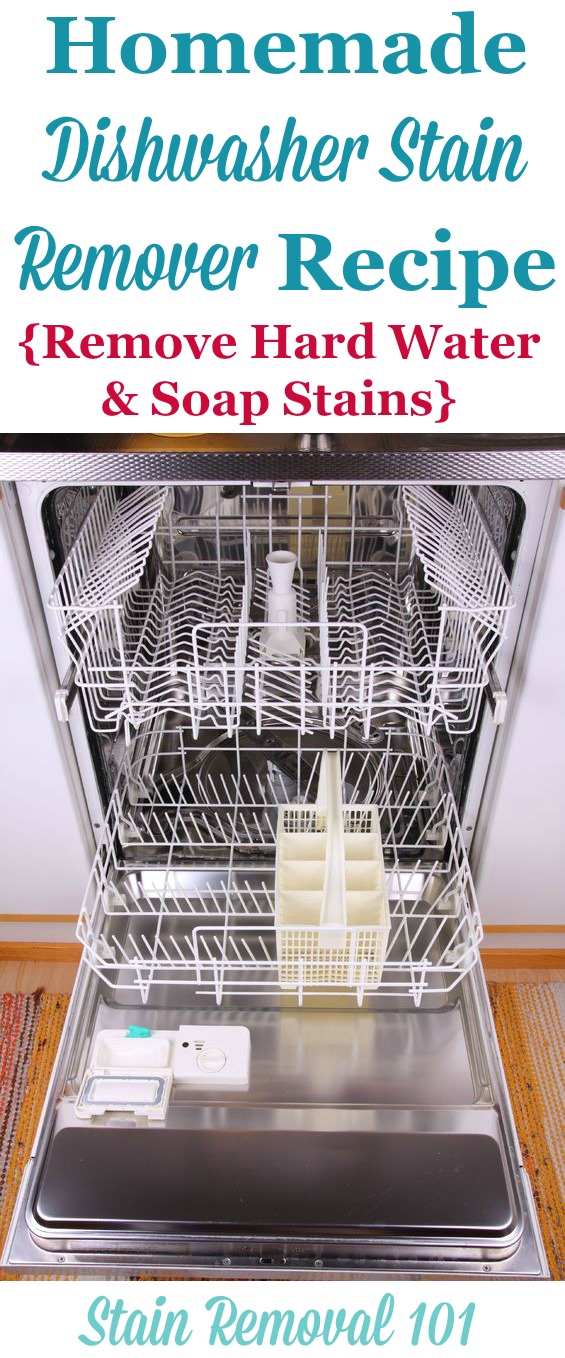 Simple and frugal homemade dishwasher stain remover recipe, used for removing hard water and soap stains {on Stain Removal 101}