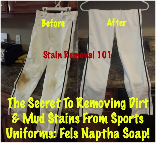 removing sports uniform stains with Fels Naptha soap, before and after