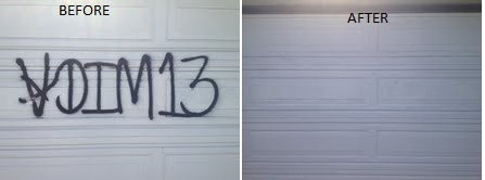 graffiti on garage door, before and afteri