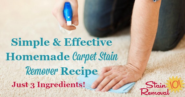 Super simple homemade carpet stain remover recipe with only three ingredients! It's frugal, and works well on lots of different types of stains {on Stain Removal 101}