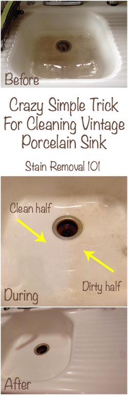 how to clean porcelain sink, before, during and after pictures