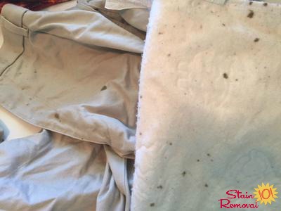 Brown spots on laundry after washing, caused by oil leaking from washing machine transmission {on Stain Removal 101}